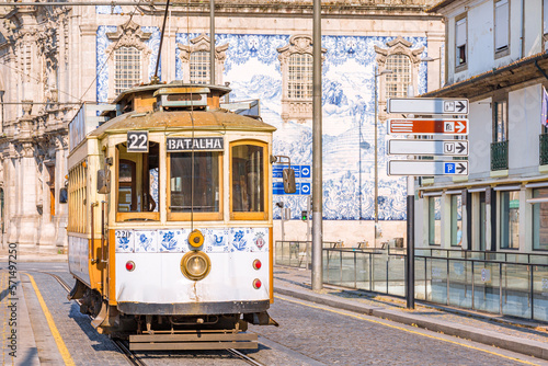 Historical vintage street tram in Porto, Portugal