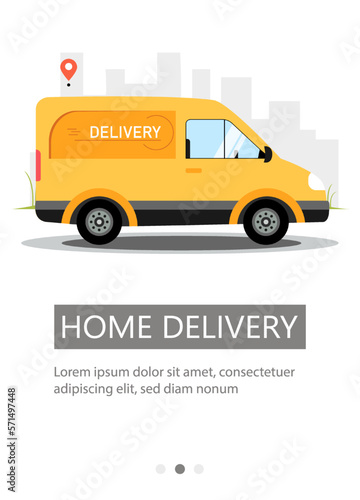 Flyer design for delivery. The yellow van delivers orders to the house.