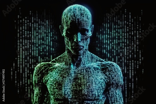 A human figure is created using digital codes. Concept of artificial intelligence. Generative AI