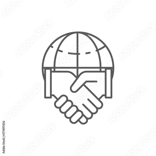 Globe earth with handshake, world partnership, international agreement lineal icon. Global technology, internet, social network symbol design.
