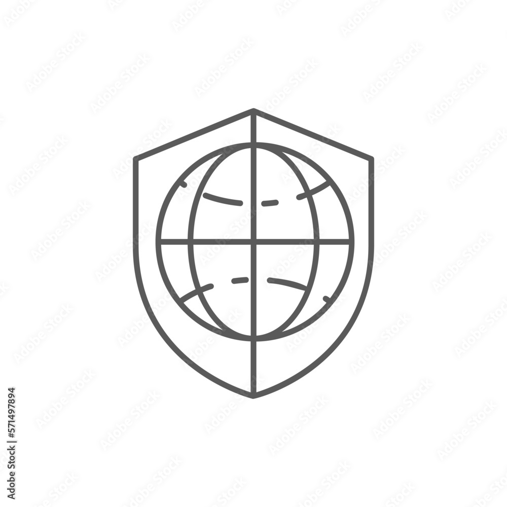 Globe earth with shield, planet protected lineal icon. Global technology, internet, social network symbol design. Globe earth with shield, planet protected lineal icon. Global technology, internet, social network symbol design.