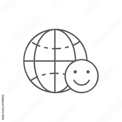 Earth globe with happy face, humanity earth day lineal icon. Global technology, internet, social network symbol design.