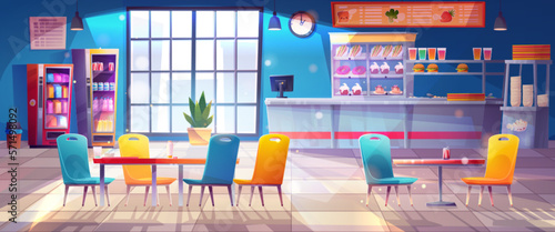Contemporary school canteen interior design. Vector cartoon illustration of empty university or college cafeteria hall with tables, chairs, snacks, desserts in showcase. Sandwich bar in shopping mall