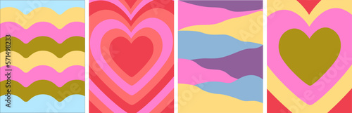 Set of 70s retro backgrounds. Poster template. Hypnotic hearts shaped tunnel, retrowaves, swirls. Y2k. Groovy hippie psychedelic vibes. Wall art. 