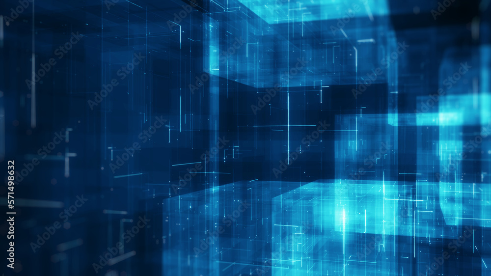 Block chain concept. Isometric digital blocks connection with each other and shapes crypto chain. Big data binary code futuristic information technology, Transferring of big data. 3D Rendering.