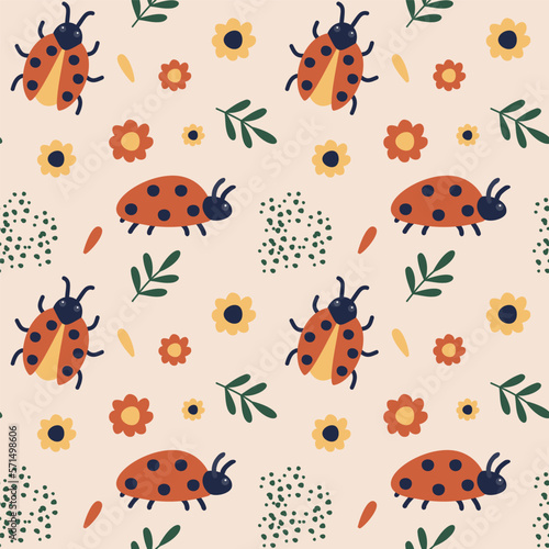 Seamless pattern with ladybug, flowers and leaves. An insect crawls among flowering plants. Vector illustration in cartoon style.