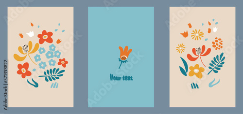 Set of vector backgrounds with flowers in trendy retro trippy style. Hippie 60s, 70s style. Yellow, orange, beige colors.