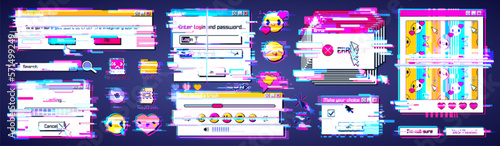 Glitch in retro computer system. Vector illustration of distorted 90s style software windows, error warning, loading progress bar, login box, online game, emoji, folder and file icons on desktop