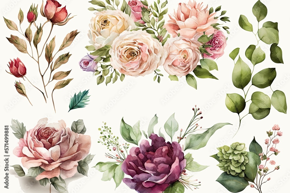 Watercolor floral illustration set - bouquets and wreath (AI generated)
