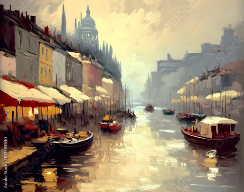 Foto Venice Italy canal boat water way oil painting art illustration, cloudy sky back