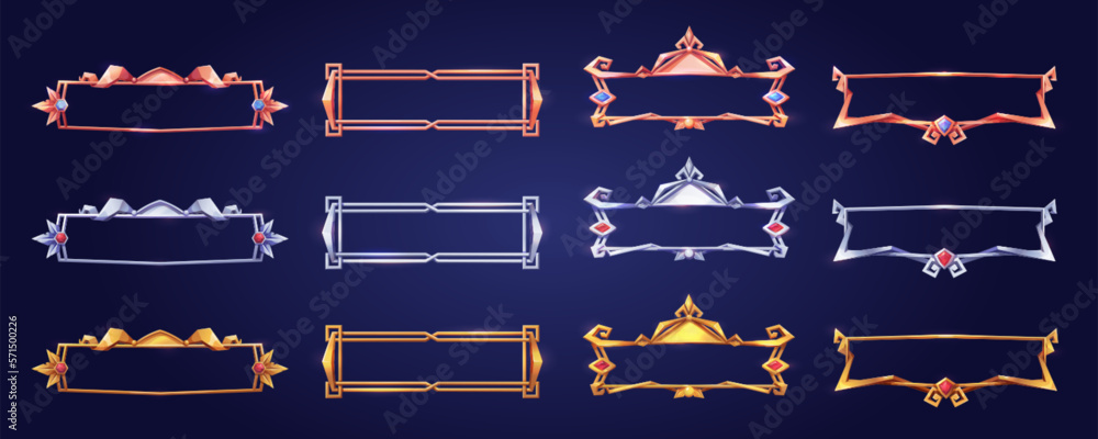 Medieval game frame, ui metal fantasy border, golden, silver or bronze button decorated with gemstones, vector icons isolated. Ancient rectangle banner, old vintage rank sign or empty item bar cartoon Medieval game frame, ui metal fantasy border, golden, silver or bronze button decorated with gemstones, vector icons isolated. Ancient rectangle banner, old vintage rank sign or empty item bar cartoon