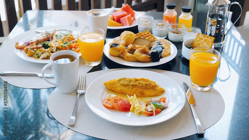Luxury hotel breakfast buffet with a variety of food
