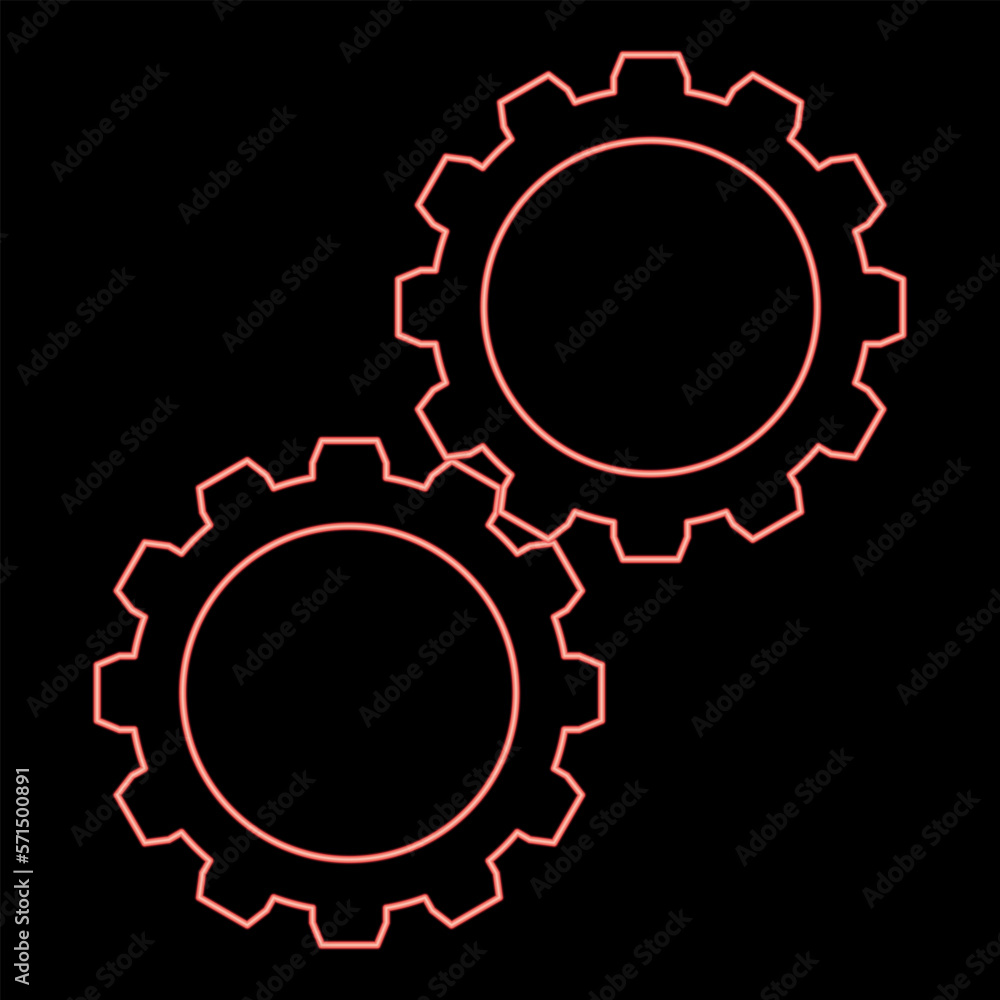 Neon two gears gearwheel cog set Cogwheels connected in working mechanism red color vector illustration image flat style