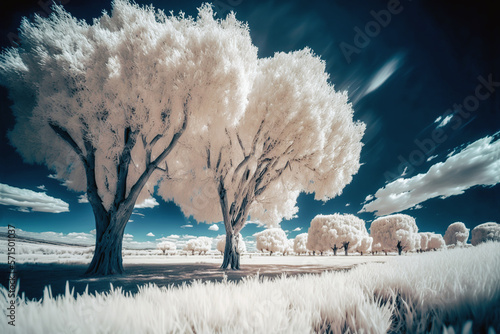 Beautiful landscape with white trees and grass in front of cloudy dark blue sky. Surreal infrared world. Generative AI of dreamy trees in a meadow.