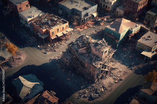 Fotografia Aerial view Ruined, destroyed buildings, house after earthquake or war, sunlight