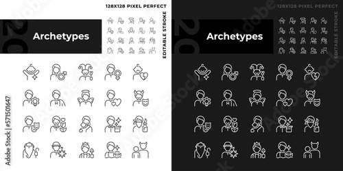 Character archetypes pixel perfect linear icons set for dark, light mode. Personal characteristics and traits. Thin line symbols for night, day theme. Isolated illustrations. Editable stroke