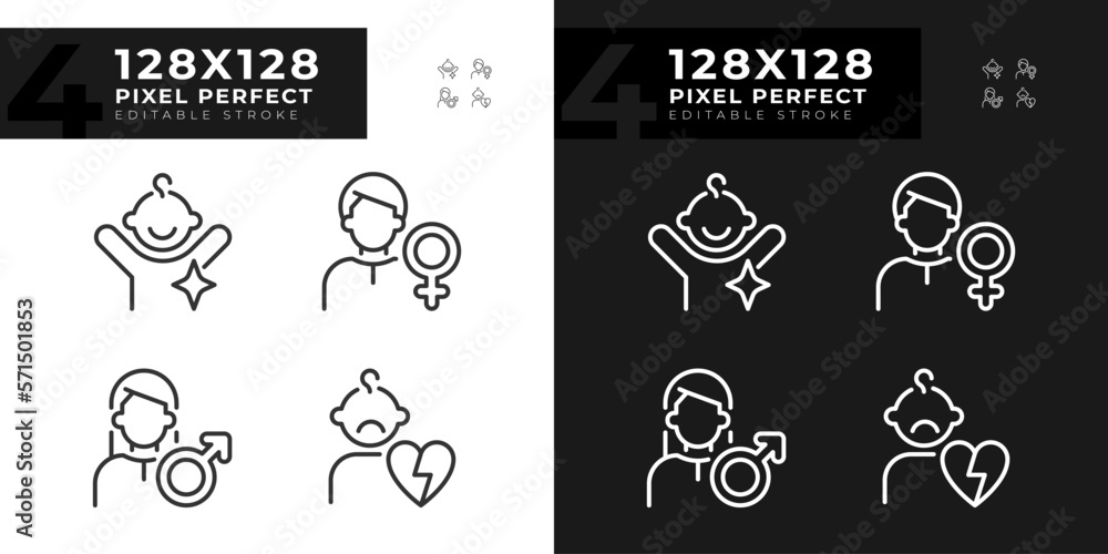 People pixel perfect linear icons set for dark, light mode. Character archetypes. Anima and animus. Family members. Thin line symbols for night, day theme. Isolated illustrations. Editable stroke