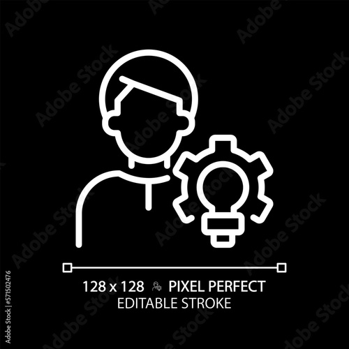 Creator pixel perfect white linear icon for dark theme. Character archetype. Likes make things. Psychoanalytic theory. Thin line illustration. Isolated symbol for night mode. Editable stroke
