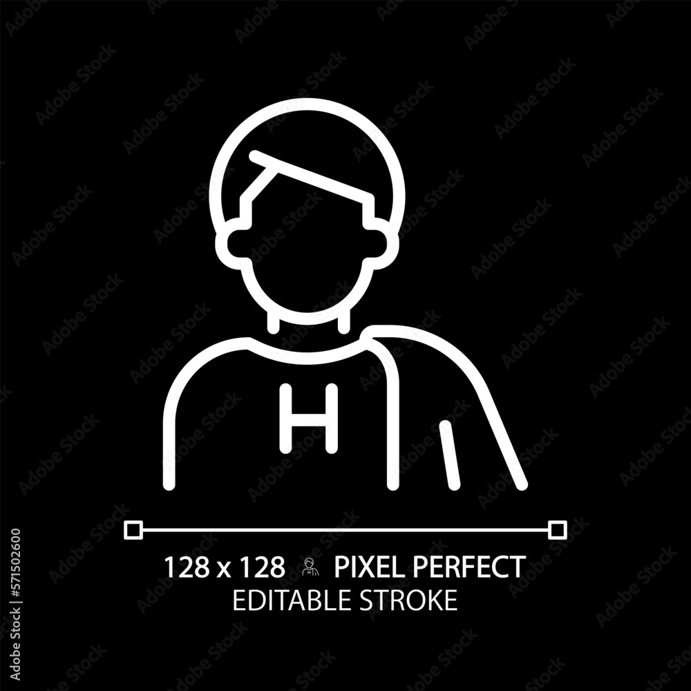 Hero pixel perfect white linear icon for dark theme. Character archetype. Overcoming troubles. Psychoanalytic theory. Thin line illustration. Isolated symbol for night mode. Editable stroke