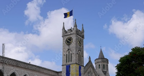 Clock tower of the Parliament Building, Bridgetown, Barbados. The western building with the clock tower contains public offices; the building on the east side houses the Senate and House of Assembly