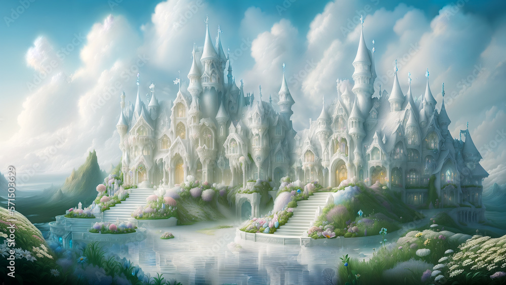 Fairytale white castle in the clouds Stock Illustration Adobe Stock