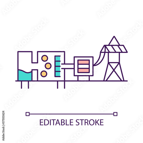 Flash-steam power plant RGB color icon. Underground pump. Electricity generation industry. Energy station. Isolated vector illustration. Simple filled line drawing. Editable stroke
