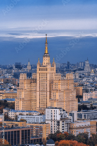 MOSCOW, RUSSIA - September 22, 2019: Stalin's skyscraper on Kudrinskaya Square. View of the city from a height. Panorama of the city towards the metro Barrikadnaya. High-rise and home © mazurevanasta
