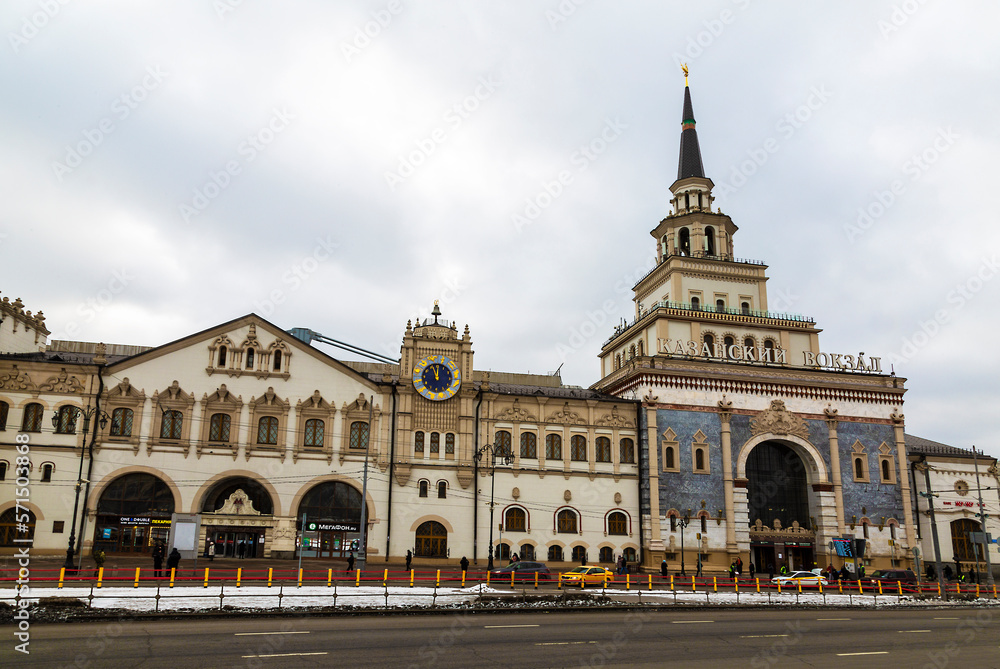 View of the building of the Kazan railway station on Komsomolskaya Square in Moscow, Russia