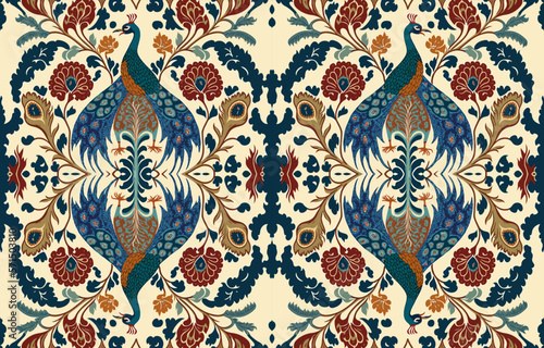 Turkey chicken pheasant peacock fabric seamless pattern. Abstract fabric textile line graphic antique style. Ethnic vector ornate elegant luxury vintage retro design. Art print for clothing background
