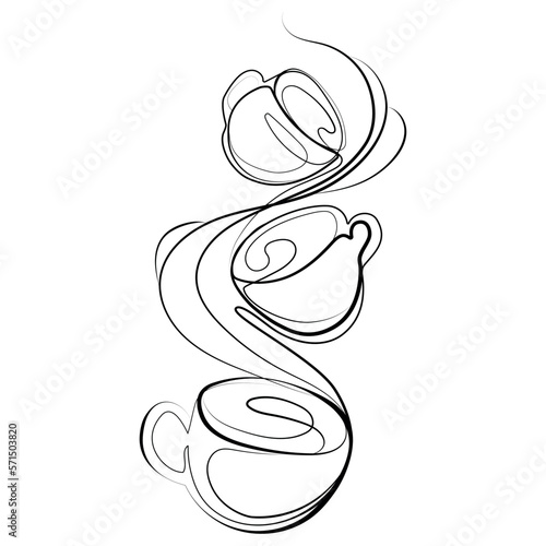 Continuous Line Three cups mugs of hot drink with Steam Vector illustration on white background.Line art sketch drawing of flying tea cups or coffee creative idea for emblem,logo,icon,print design