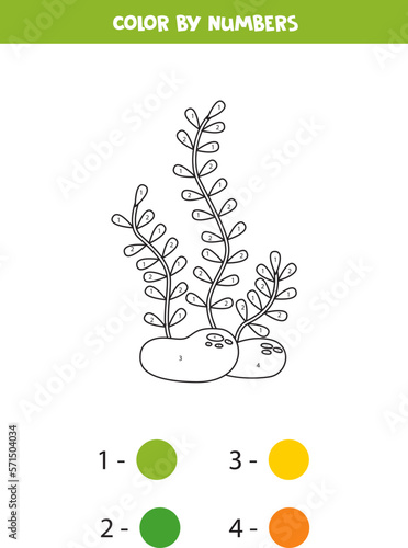 Color cute cartoon seaweed by numbers. Worksheet for kids.