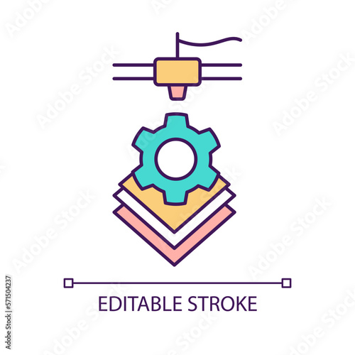 Three dimensional printing RGB color icon. Innovative solution. High tech equipment. Manufacturing technology. Isolated vector illustration. Simple filled line drawing. Editable stroke