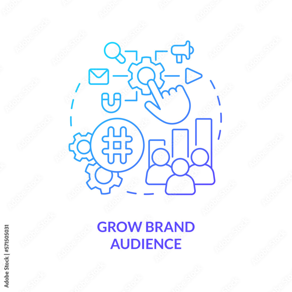 Grow brand audience blue gradient concept icon. Attract new clients. Social media advertising goal abstract idea thin line illustration. Isolated outline drawing. Myriad Pro-Bold font used