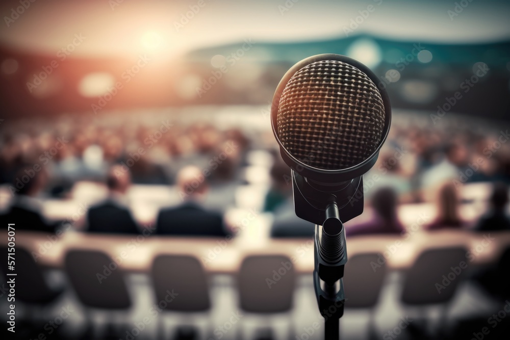 Microphone over the Abstract blurred photo of conference hall or seminar room with attendee background generative ai Microphone over the Abstract blurred photo of conference hall or seminar room with attendee background generative ai