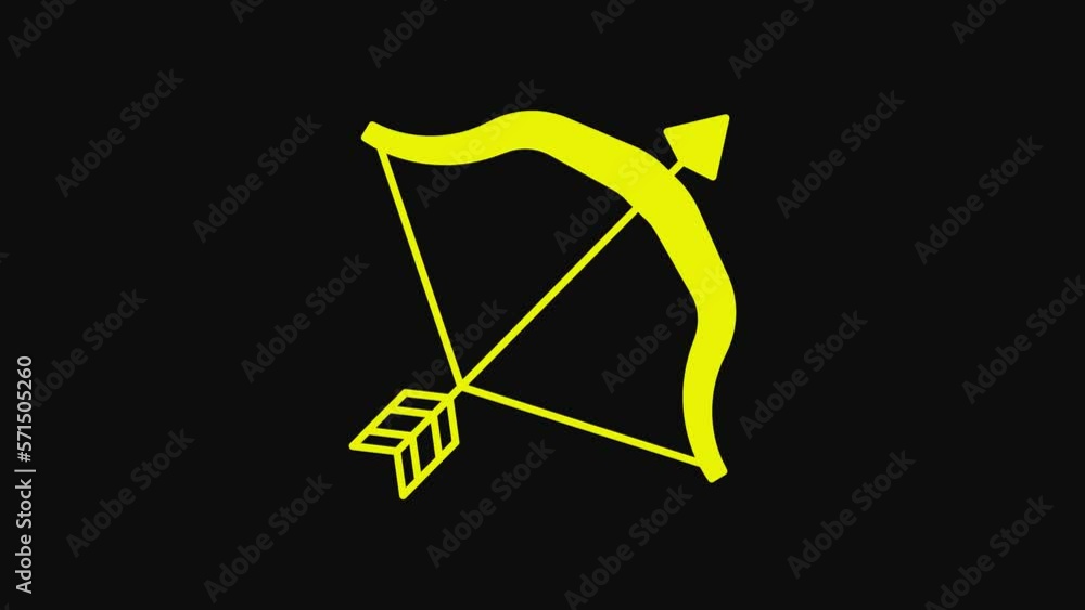 Yellow Medieval bow and arrow icon isolated on black background. Medieval weapon. 4K Video motion graphic animation Yellow Medieval bow and arrow icon isolated on black background. Medieval weapon. 4K Video motion graphic animation
