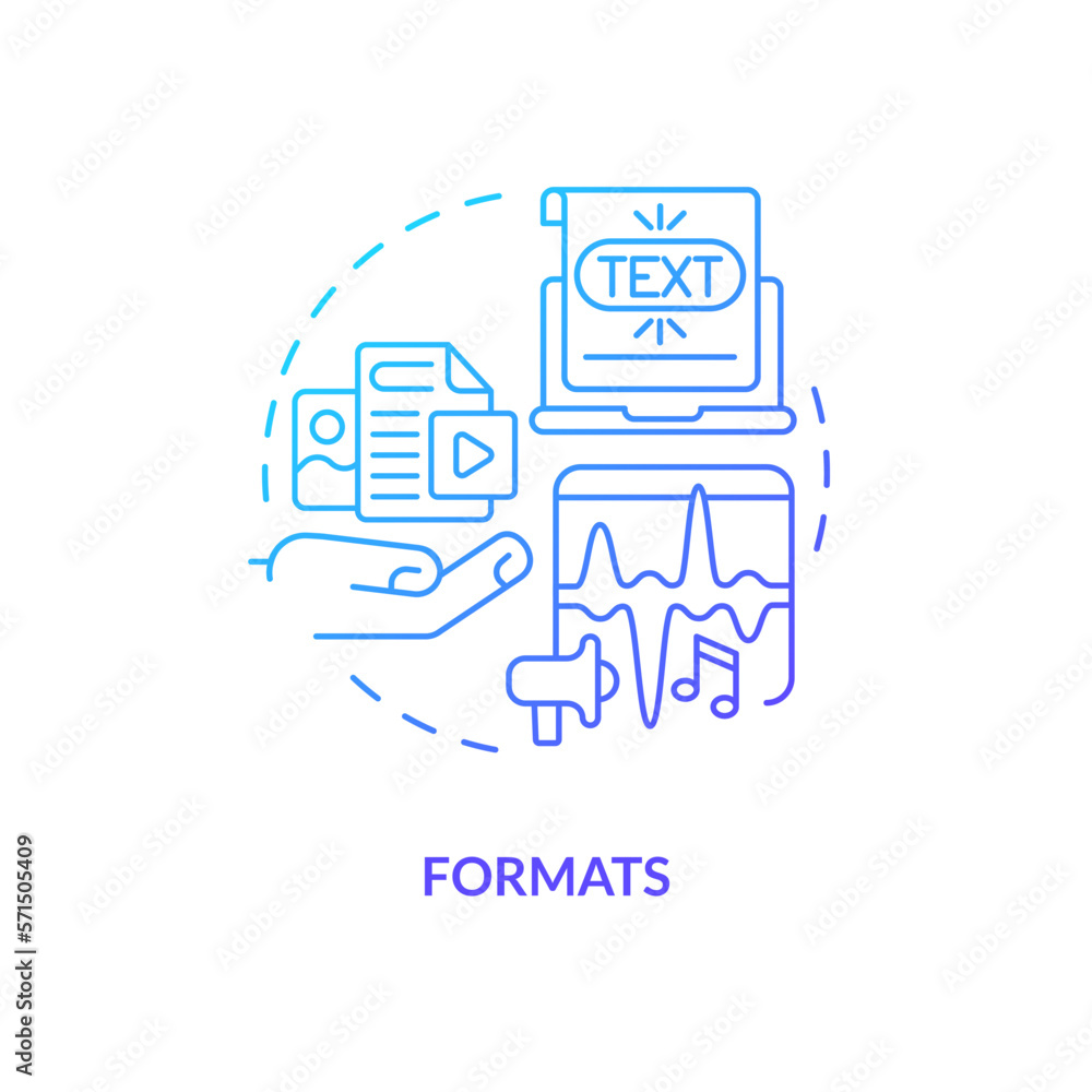 Formats blue gradient concept icon. Content for business page. Social media advertising benefit abstract idea thin line illustration. Isolated outline drawing. Myriad Pro-Bold font used Formats blue gradient concept icon. Content for business page. Social media advertising benefit abstract idea thin line illustration. Isolated outline drawing. Myriad Pro-Bold font used