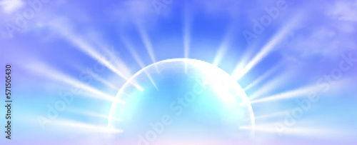 Sunscreen protection sphere on blue sky background. Vector realistic illustration of transparent dome shield penetrated by sun light rays. Skin spf protection against uv radiation. Sunblock effect
