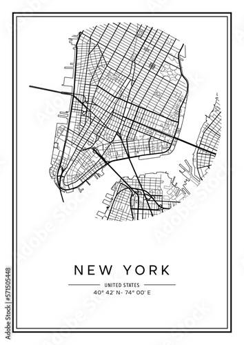 Black and white printable New York city map, poster design, vector illistration.