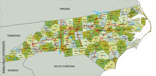 Highly detailed editable political map with separated layers. North Carolina.