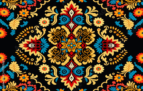 Floral seamless fabric pattern on black background. Abstract fabric textile line graphic flower blooming antique. Ethnic colorful flowers garden vector ornate elegant luxury vintage retro style.