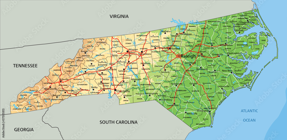 High detailed North Carolina physical map with labeling.