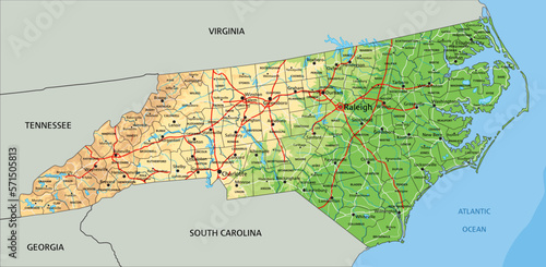 High detailed North Carolina physical map with labeling.