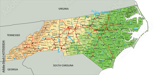 High detailed North Carolina physical map with labeling.