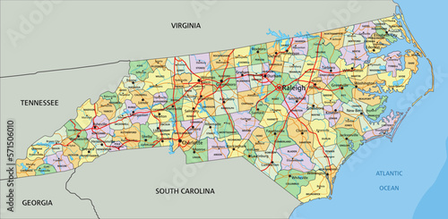North Carolina - Highly detailed editable political map with labeling.