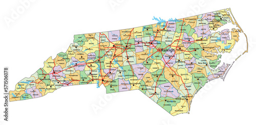 North Carolina - Highly detailed editable political map with labeling.