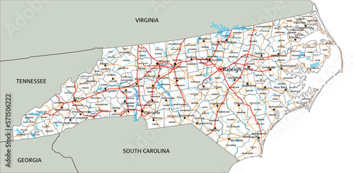 High detailed North Carolina road map with labeling.