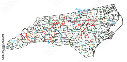North Carolina road and highway map. Vector illustration.