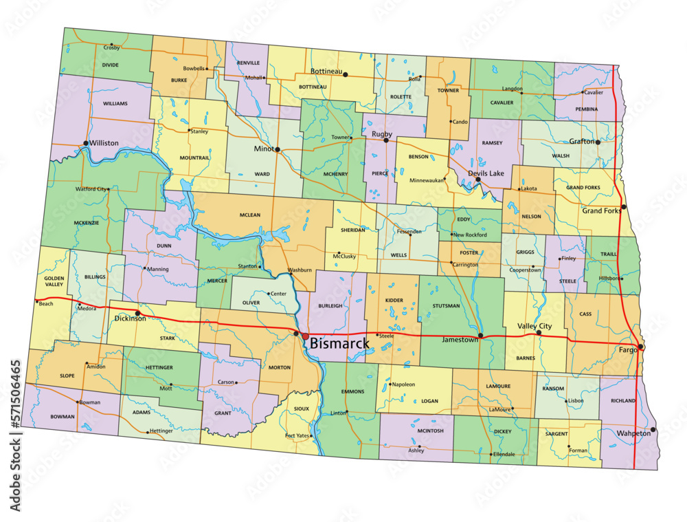 North Dakota - Highly detailed editable political map with labeling.