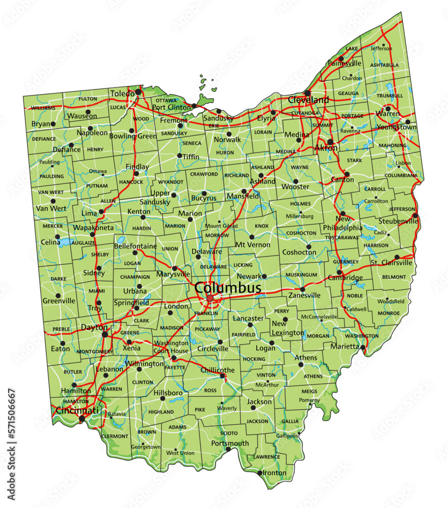 High detailed Ohio physical map with labeling. Stock Vector | Adobe Stock