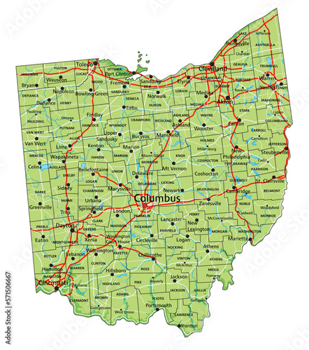 High detailed Ohio physical map with labeling.